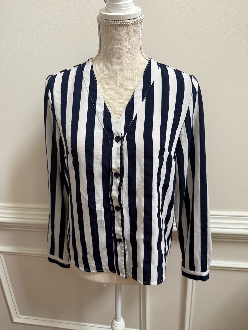 Striped V-Neck Button-Front Blouse - Navy/White - Picture 4 of 6